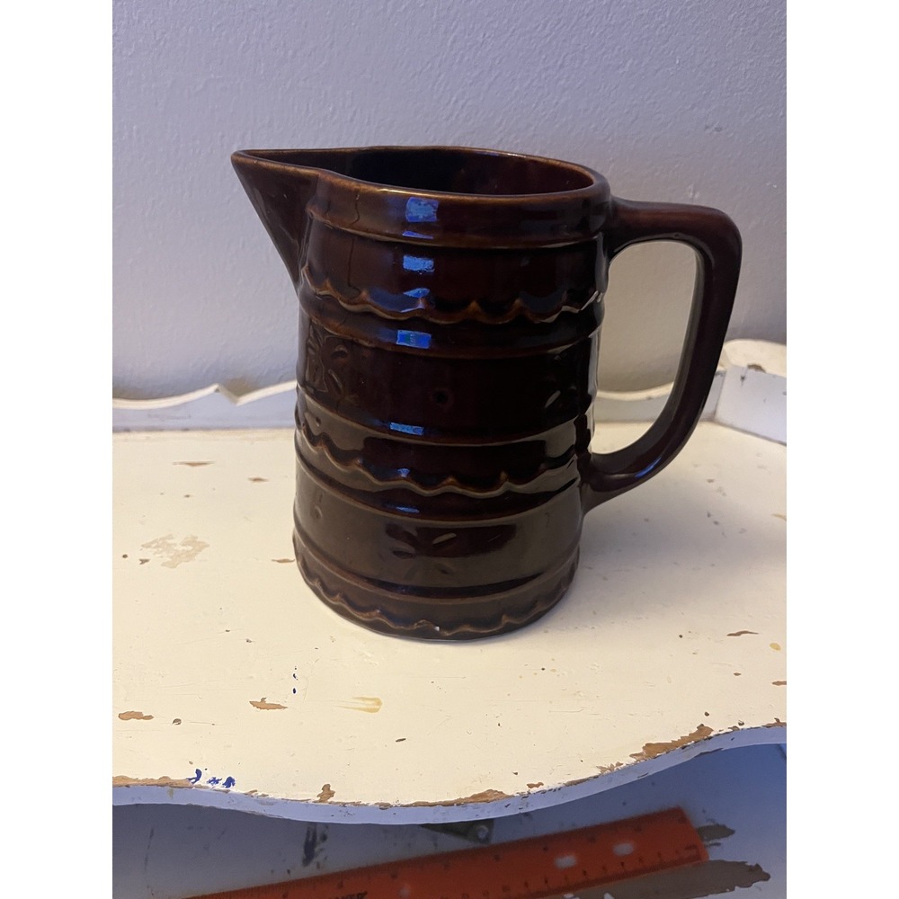 Vintage MAR-CREST Oven-Proof STONEWARE PITCHER Brown Glaze Daisy Dot 6" USA